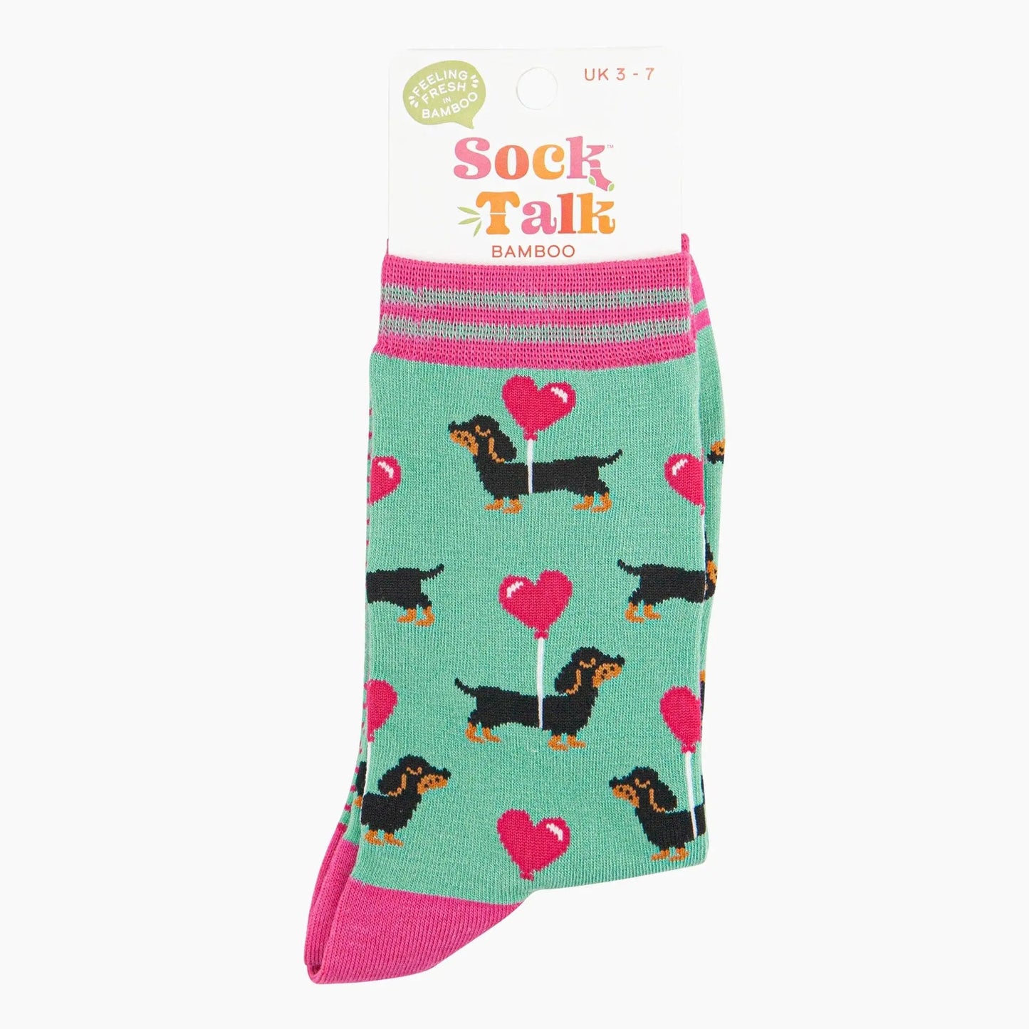 Chaussettes en bambou pour femmes - Menthe avec chiens saucisses et ballons cœur Sock Talk