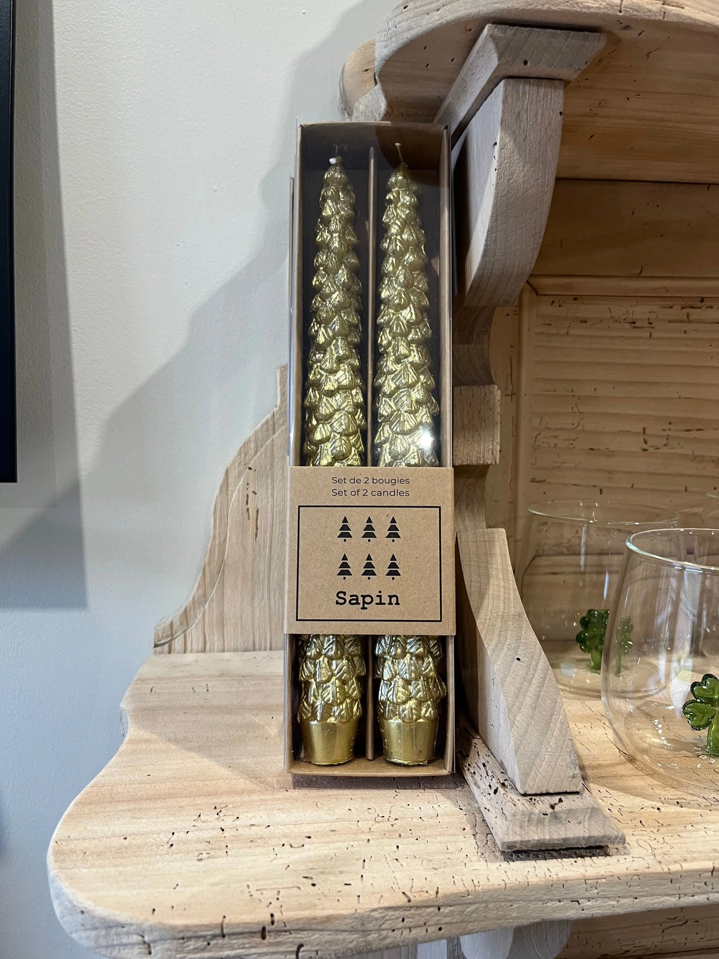Set de 2 bougies flambeaux sapins dorés Atelier MSV