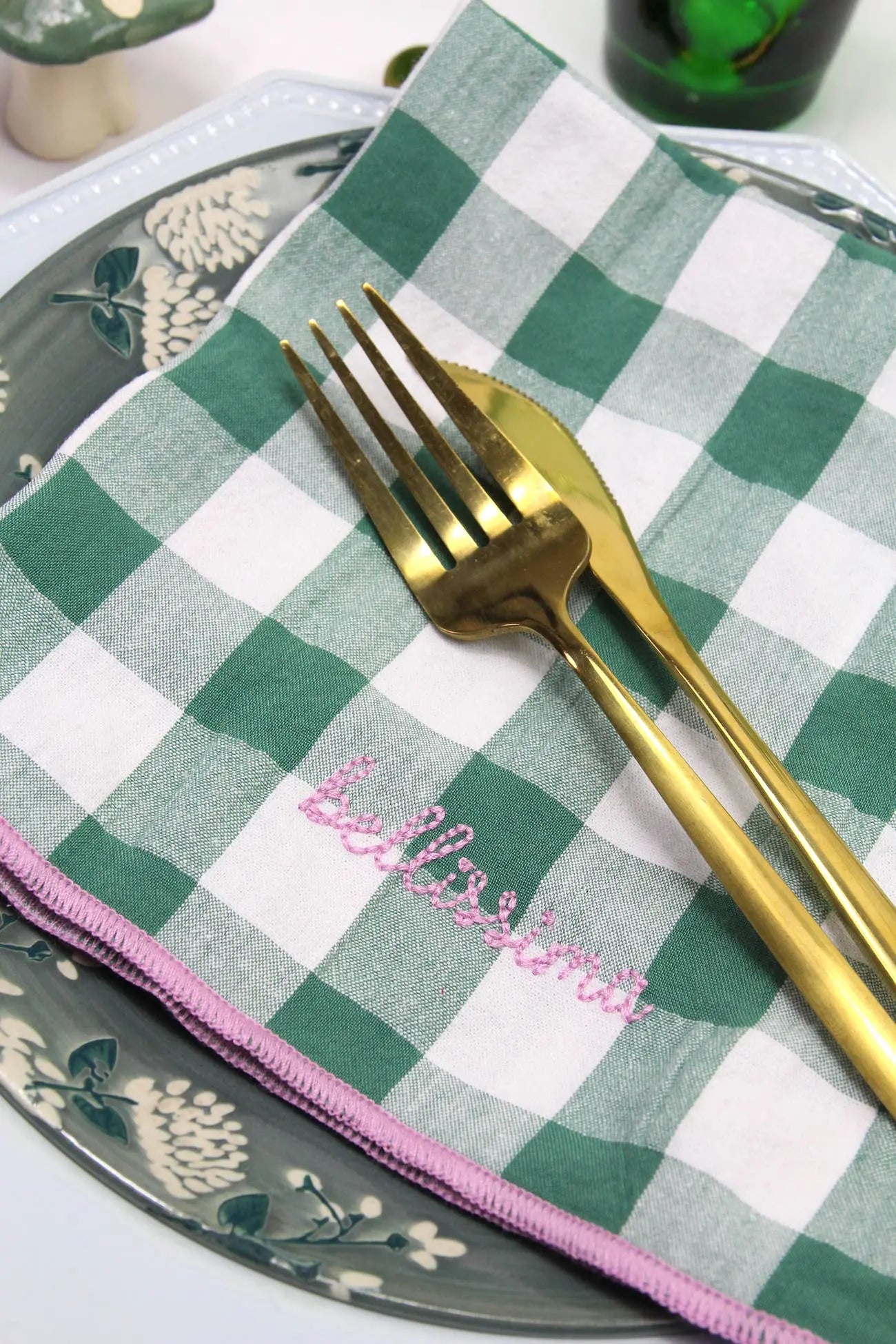 Serviettes de table à carreaux vichy et broderies BARNABÉ AIME LE CAFÉ