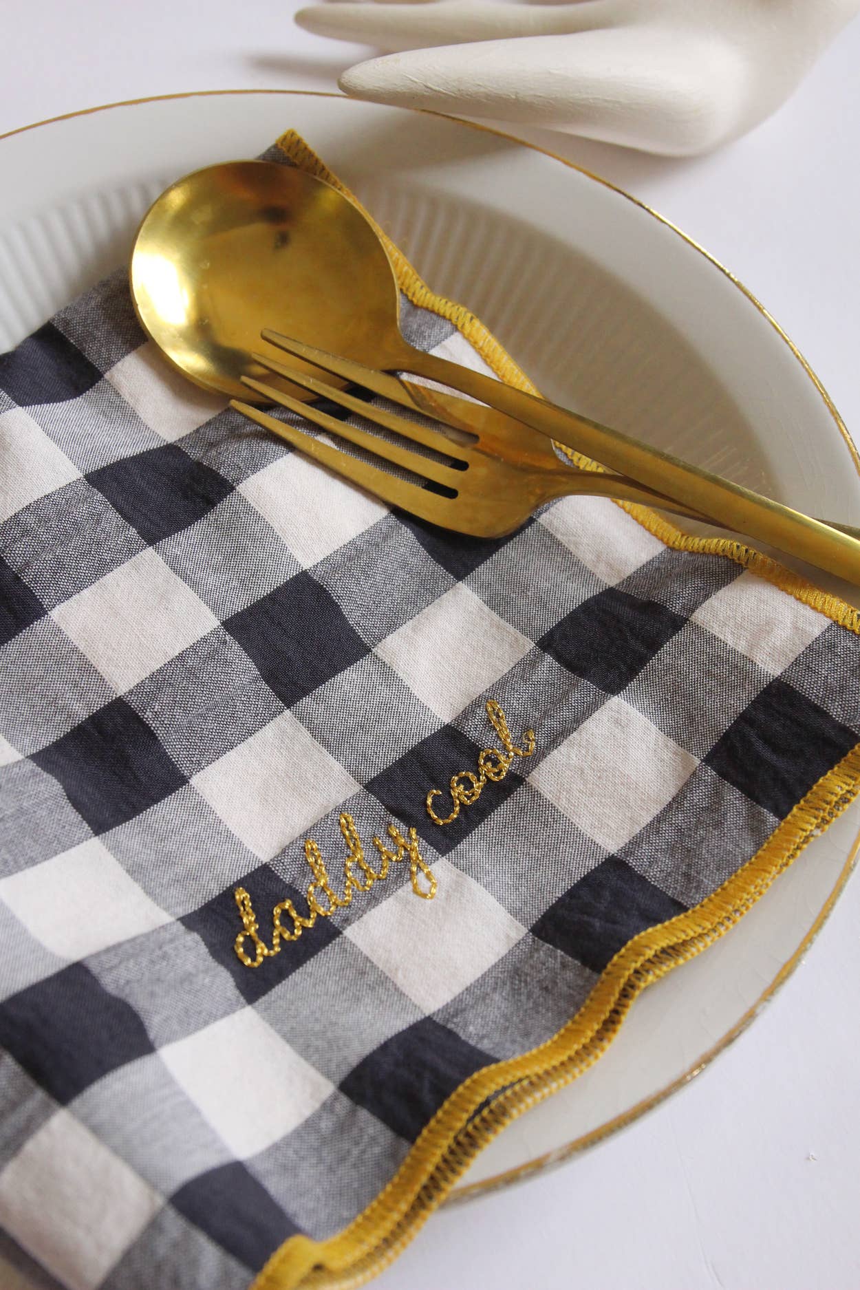 Serviettes de table à carreaux vichy et broderies BARNABÉ AIME LE CAFÉ