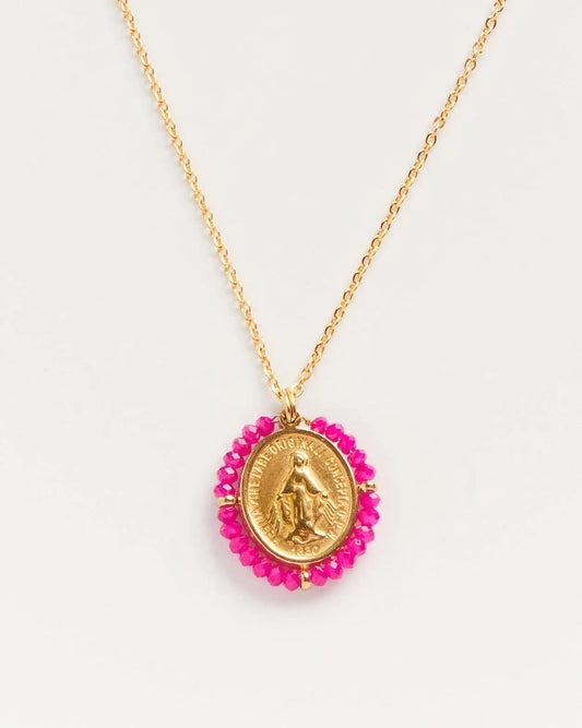 Collier Santa Maria Fushia - Collier médaille dorée avec pierres précieuses Fushia Palas