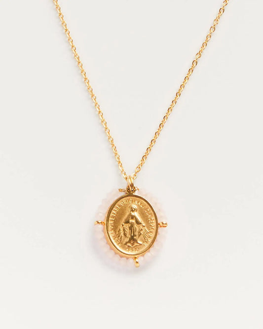 Santa Maria blanc rosé - collier médaille dorée avec pierres blanc rosé Palas