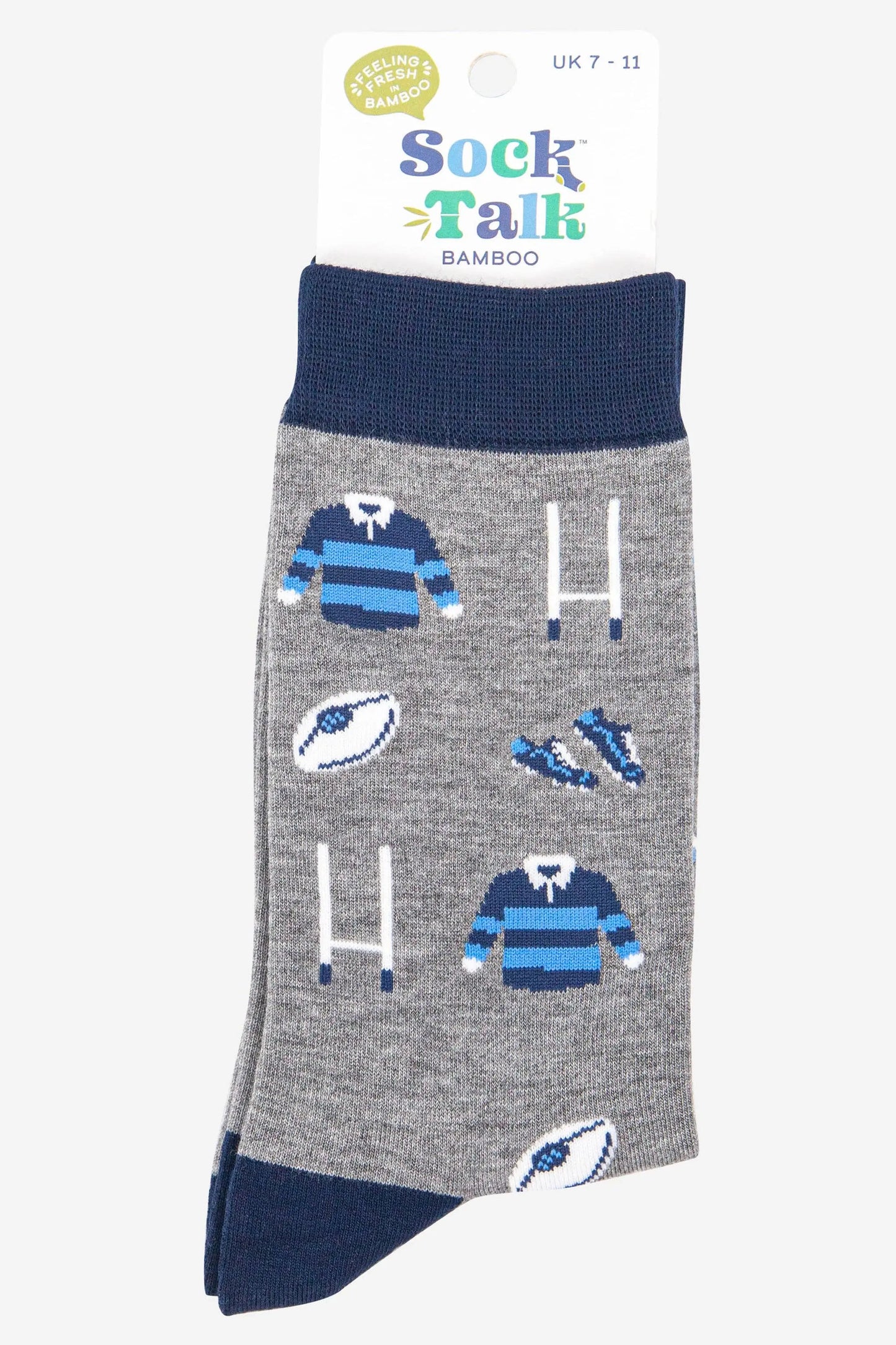 Chaussettes en bambou gris et bleu marine pour hommes avec kit de buts de rugby Sock Talk