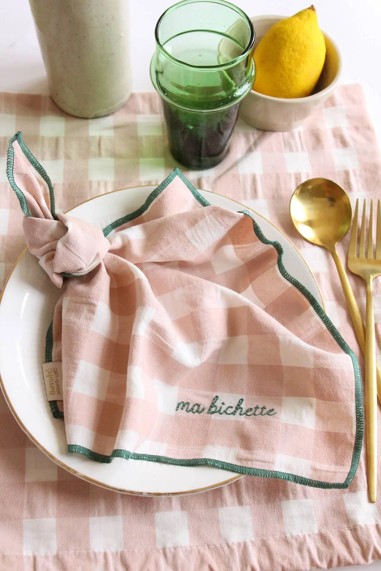 Serviettes de table à carreaux vichy et broderies BARNABÉ AIME LE CAFÉ