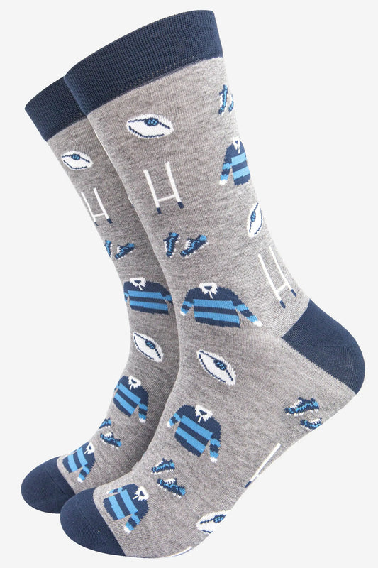 Chaussettes en bambou gris et bleu marine pour hommes avec kit de buts de rugby Sock Talk
