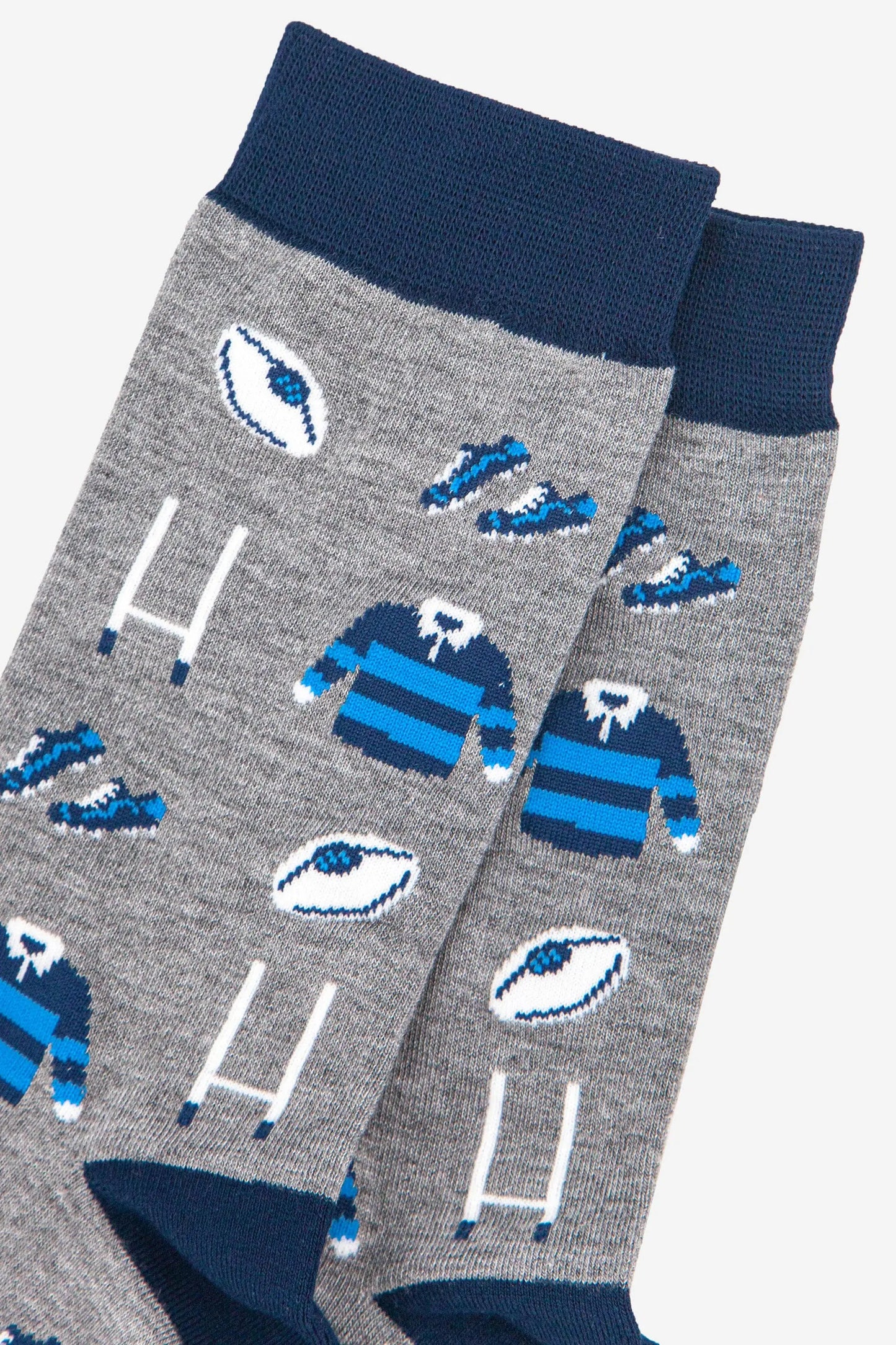 Chaussettes en bambou gris et bleu marine pour hommes avec kit de buts de rugby Sock Talk