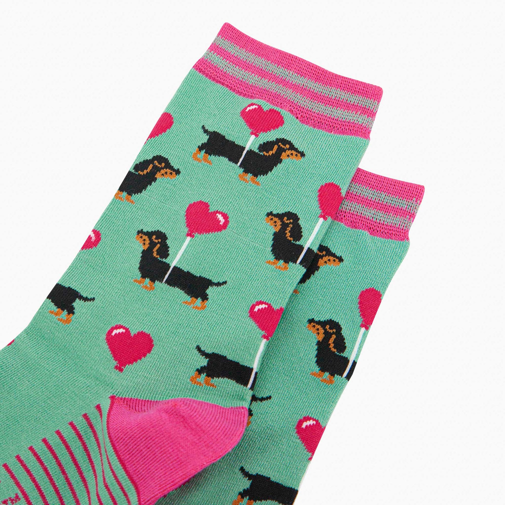 Chaussettes en bambou pour femmes - Menthe avec chiens saucisses et ballons cœur Sock Talk