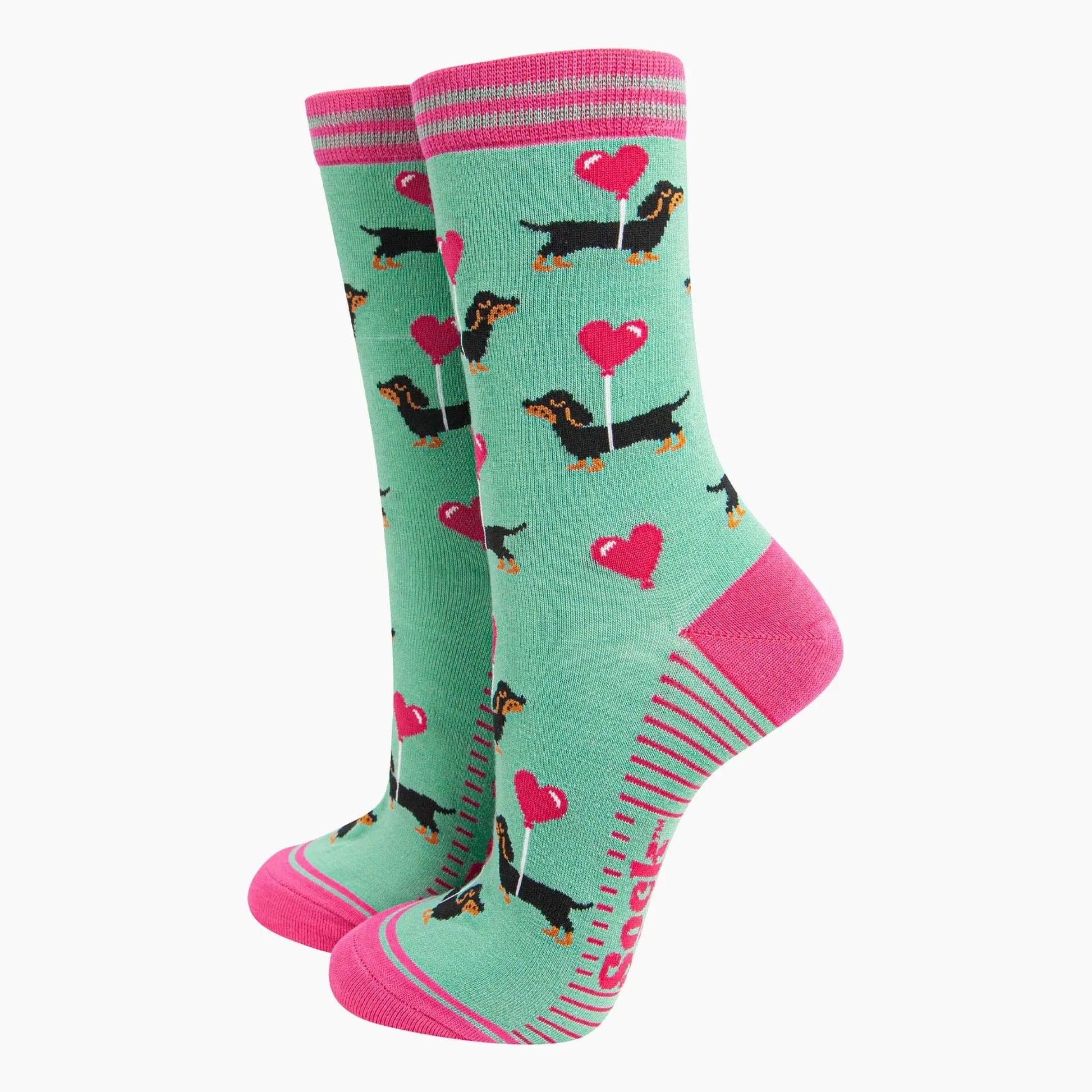 Chaussettes en bambou pour femmes - Menthe avec chiens saucisses et ballons cœur Sock Talk