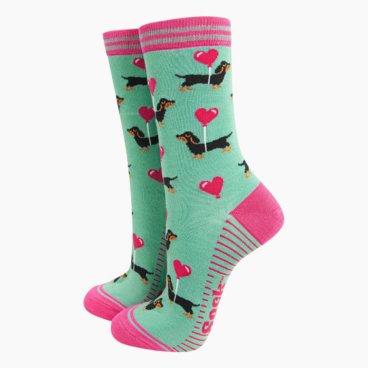 Chaussettes en bambou pour femmes - Menthe avec chiens saucisses et ballons cœur Sock Talk
