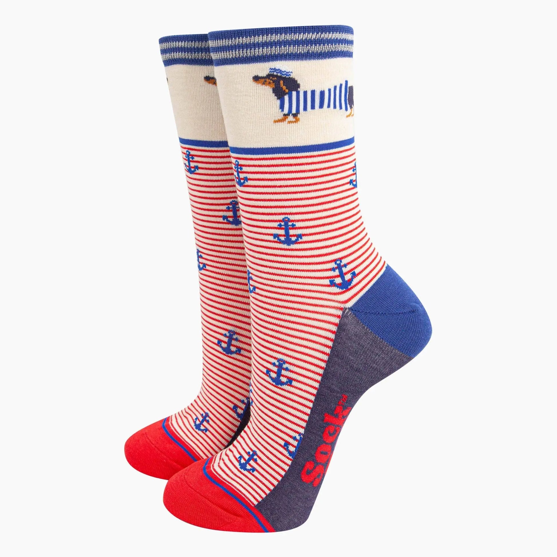 Chaussettes en bambou pour femmes - Crème, Rayures marin chien saucisse Sock Talk