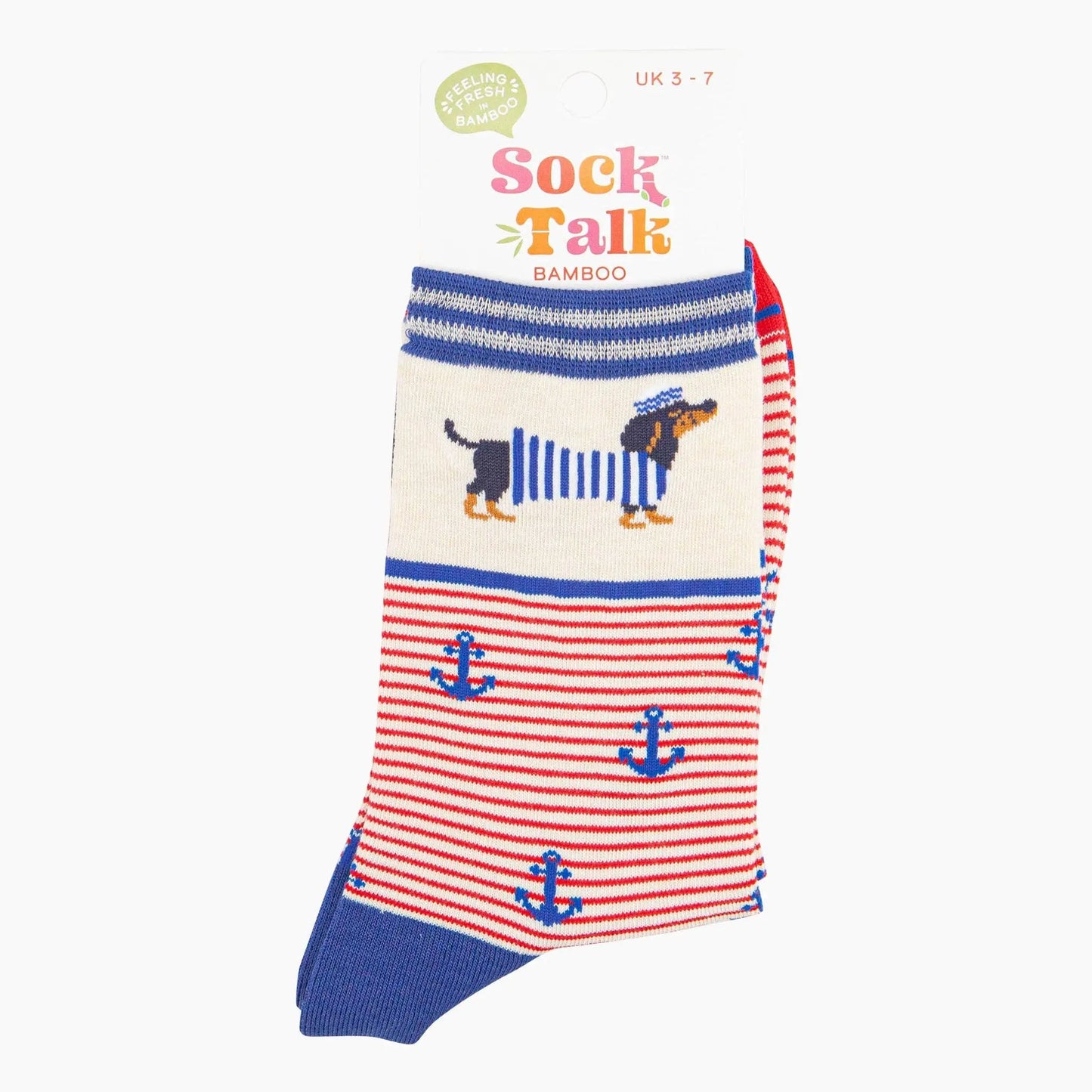 Chaussettes en bambou pour femmes - Crème, Rayures marin chien saucisse Sock Talk