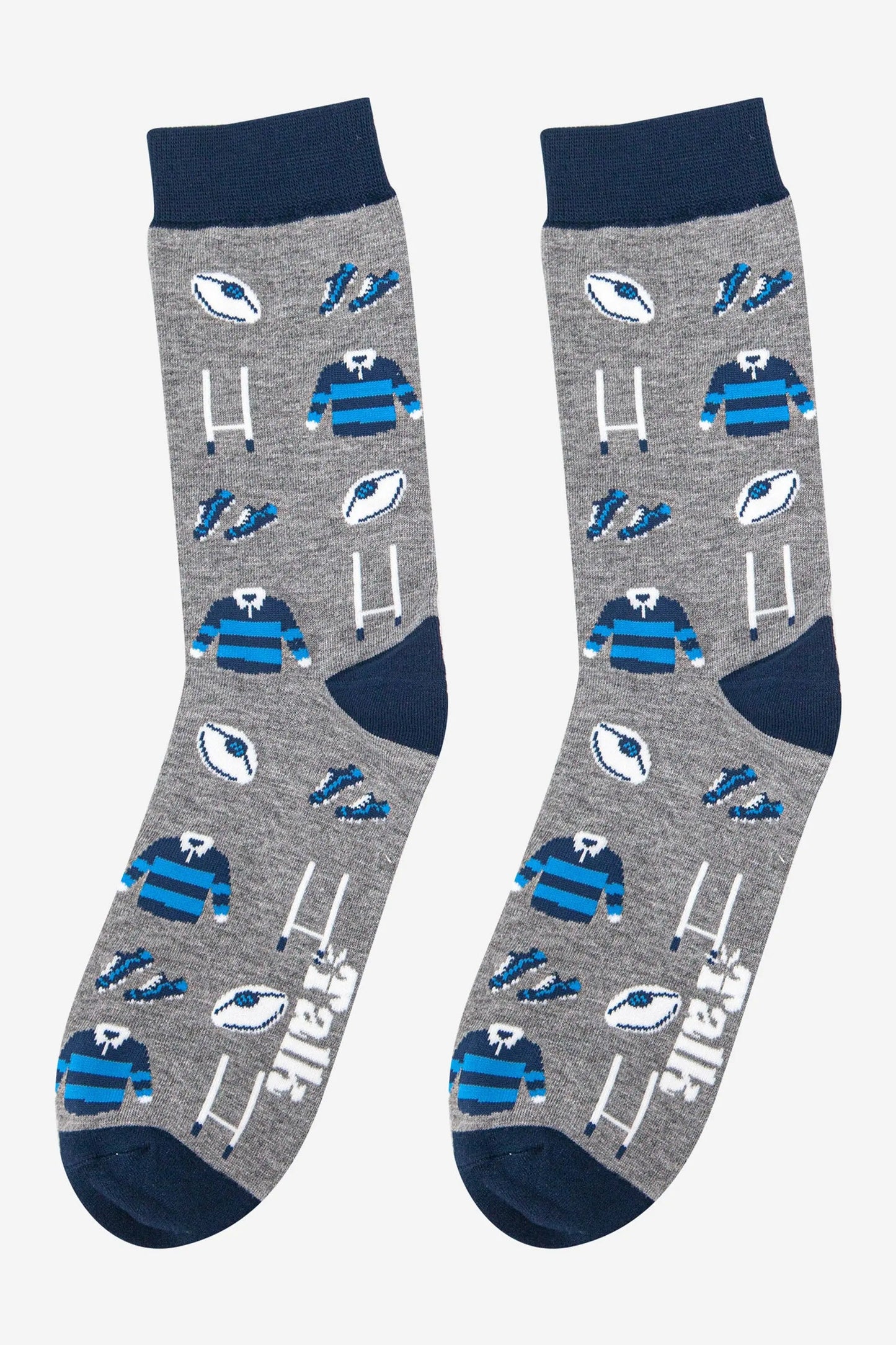 Chaussettes en bambou gris et bleu marine pour hommes avec kit de buts de rugby Sock Talk