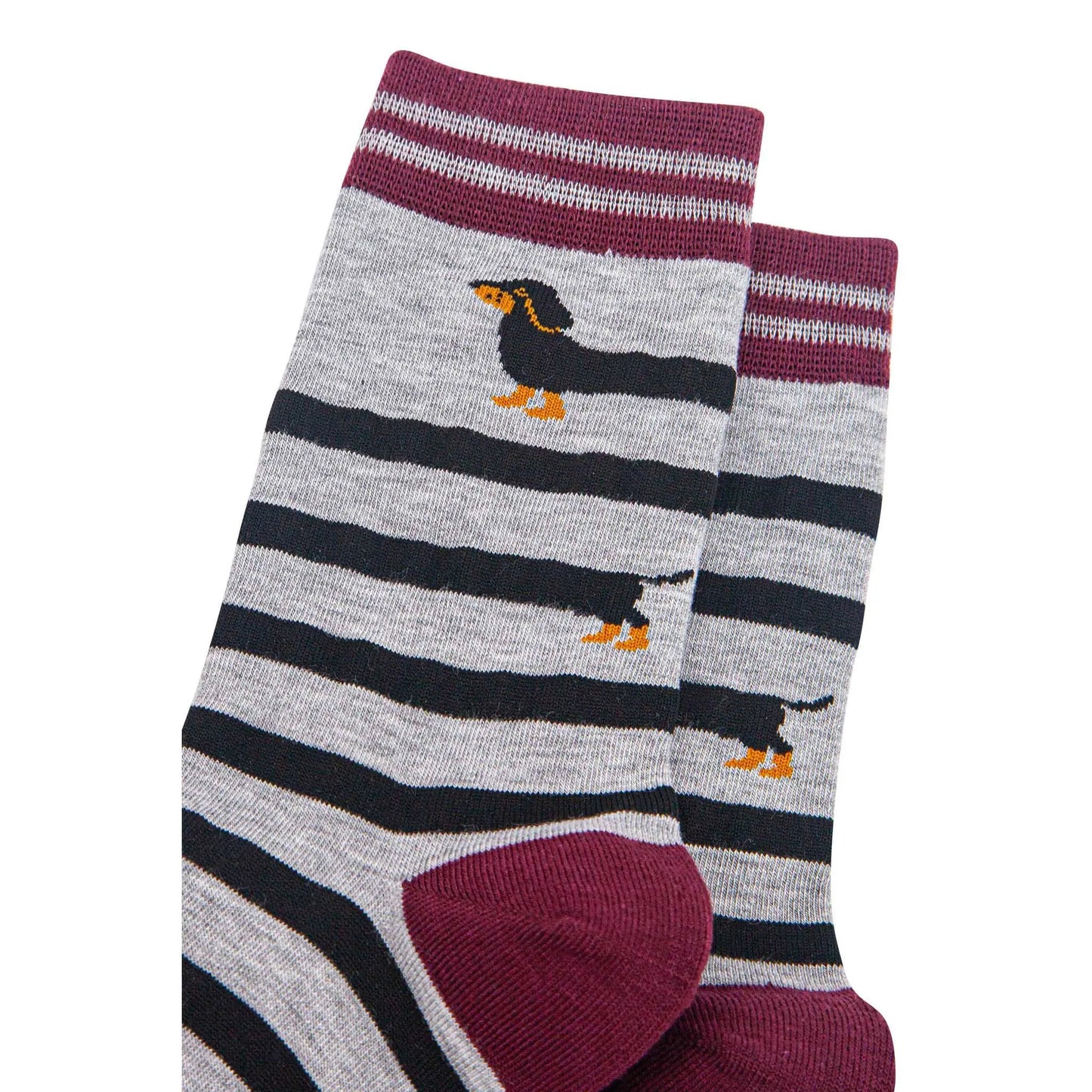 Chaussettes en bambou pour femmes - Gris chiné/Rouge, Chien saucisse Sock Talk