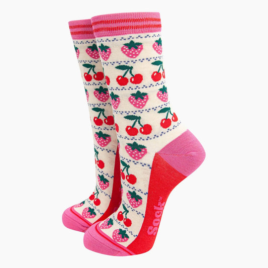 Chaussettes en bambou pour femmes - Crème, Fraise Cerise Fair Isle Sock Talk