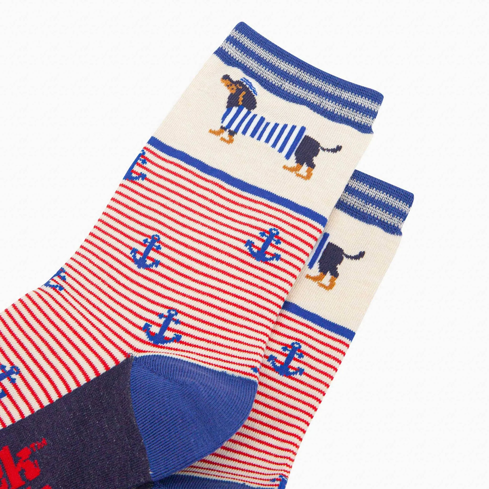 Chaussettes en bambou pour femmes - Crème, Rayures marin chien saucisse Sock Talk
