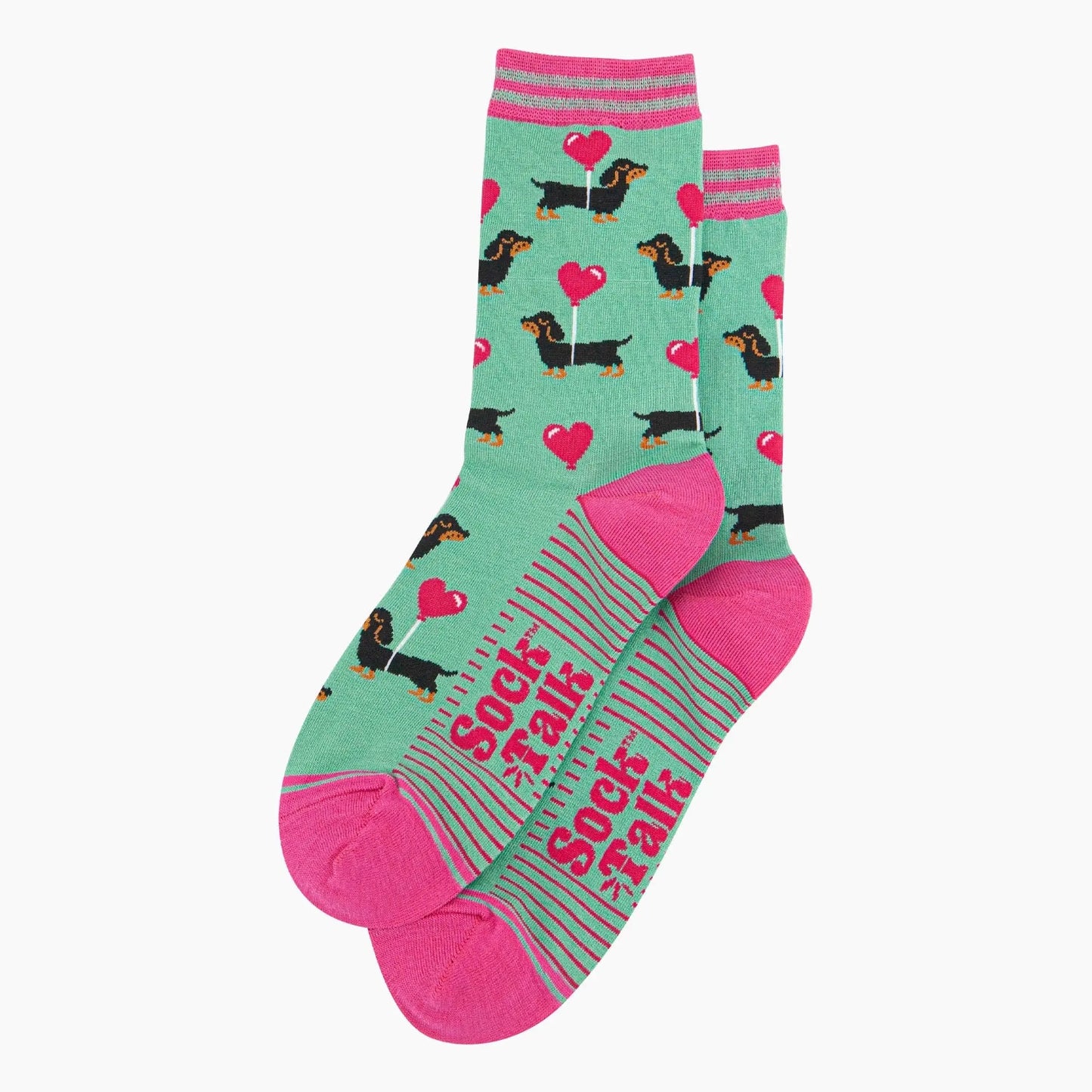 Chaussettes en bambou pour femmes - Menthe avec chiens saucisses et ballons cœur Sock Talk